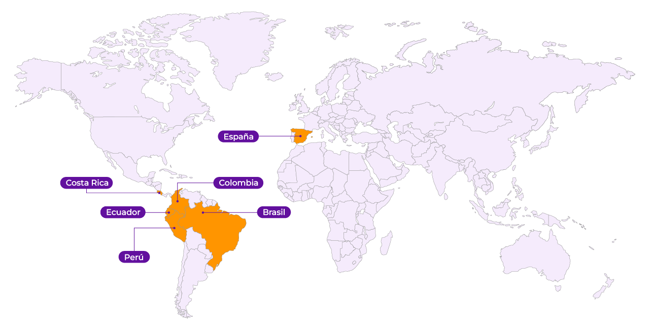 Mapamundi que muestra los países donde Factor ORG ha trabajado: Colombia (nuestro país), Costa Rica, Perú, Ecuador, España y Brasil.
